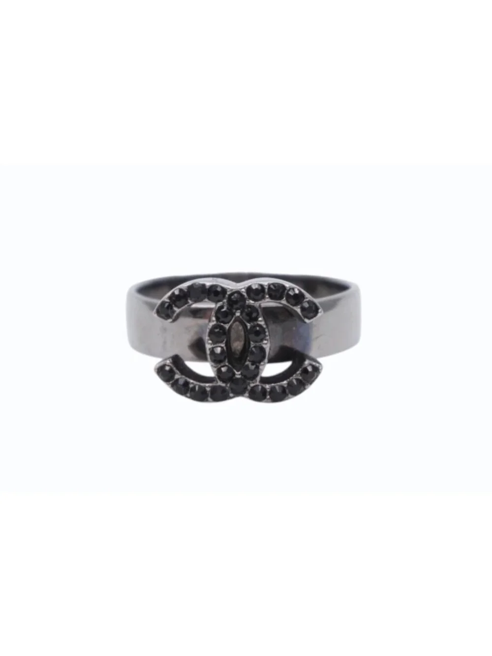 Chanel CC Logo Ring Rhinestone Metal Silver Black
